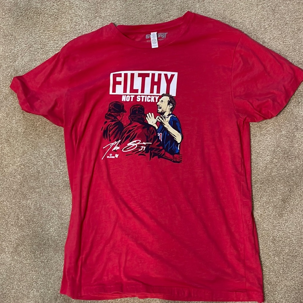 Large “Filthy Not Sticky” Max Scherzer t-shirt, BreakingT brand.